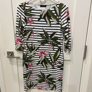 Saint James Navy & White Striped Floral Boatneck Dress with Pink & Olive Leaves